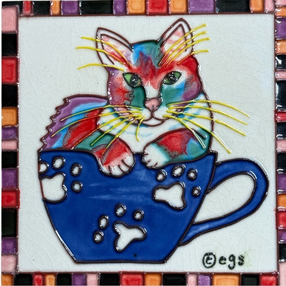 Other - Claudia Sanchez Cat in Blue Coffee Cup Art Tile Mosaic Border Signed egs